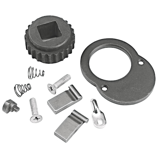PROTO J5450FWRK ratchet repair kit components, including gears, screws, springs, and metal parts, top view.