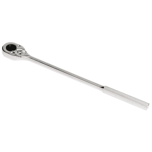 PROTO J5450FW long handle chrome ratchet tool, side angle, knurled grip, on white background