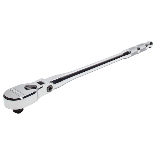 PROTO J5450HTCF chrome finish long handle ratchet on white background, side angle.