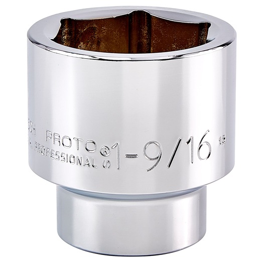 Photo of PROTO J5450H chrome socket, 1-9/16 inch, shown angled on white background.