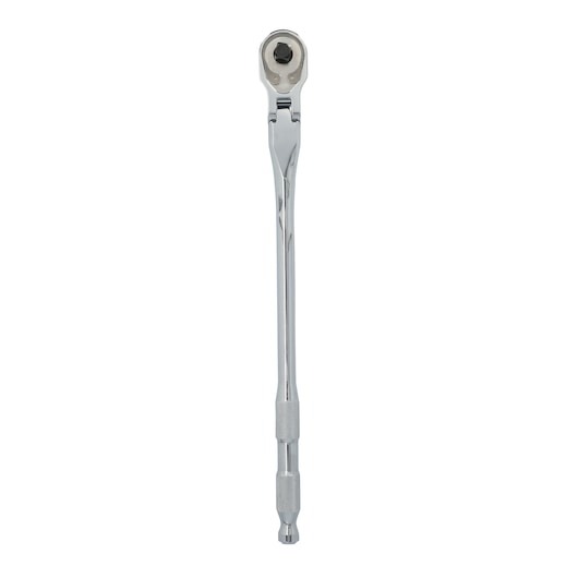 A chrome finish ratchet wrench with a long handle and knurled grip, shown vertically against a white background.