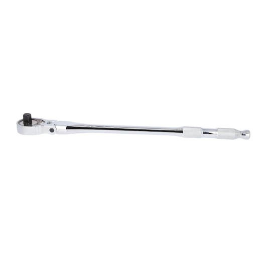 A long, chrome-plated ratchet wrench with a knurled handle grip, used for mechanical or automotive work.