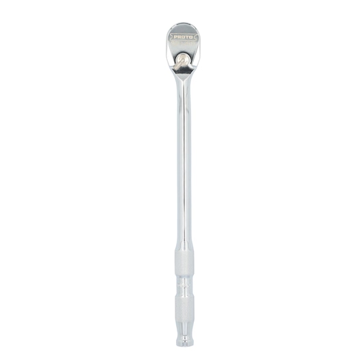 Photo of PROTO J5450MAX chrome breaker bar, knurled handle, on white background, automotive tool.