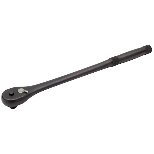 PROTO J5450XLQRBL extra-long black ratchet with knurled handle, side angle on white background, hand tool category.
