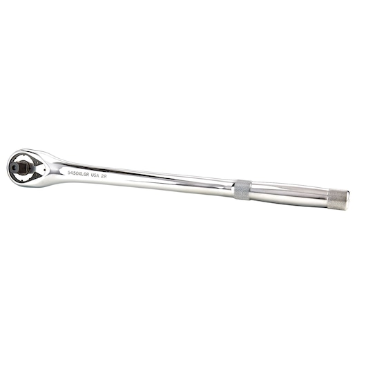 PROTO J5450XLQR chrome finish ratchet wrench, side view, long handle with knurled grip, on white background.