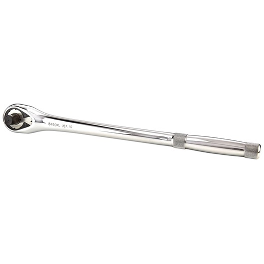 PROTO J5450XL chrome long handle ratchet, side angle on white background, knurled grip, 1/2-inch drive tool.