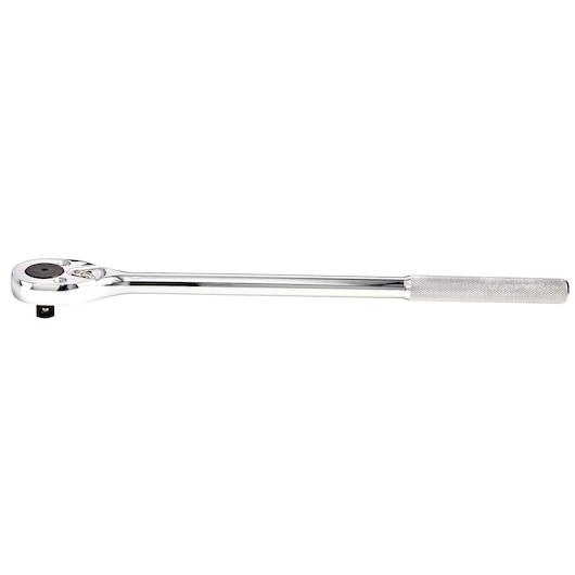 PROTO J5450 chrome long handle ratchet with knurled grip, side angle on white background.