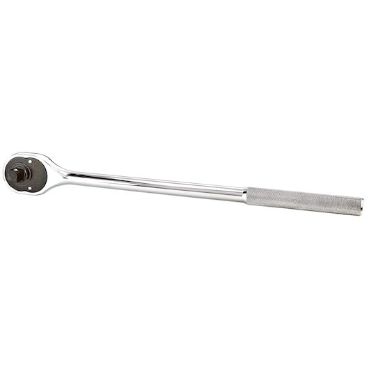 PROTO J5450 chrome long-handle ratchet with knurled grip, photographed from the side on white background.