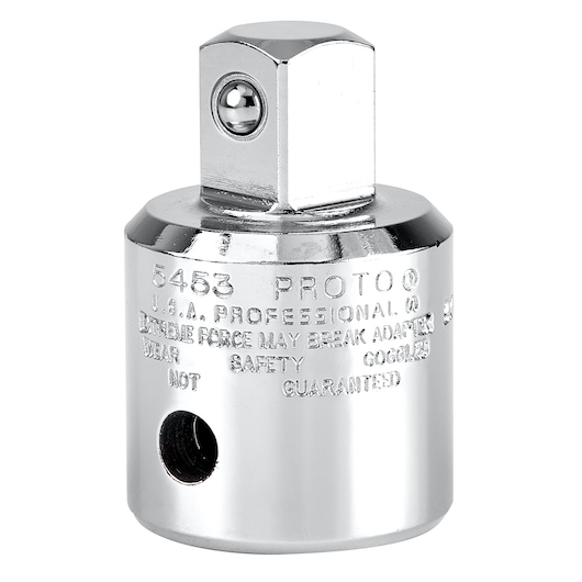Photo of PROTO J5453 chrome socket adapter with engraved text, shown upright on white background.