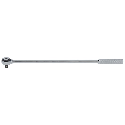 Photo of PROTO J5454F long chrome ratchet with textured handle, side angle on white background, hand tool category.