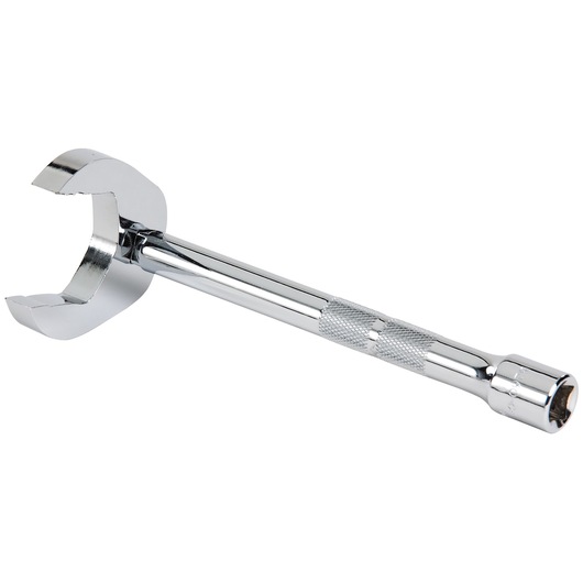 PROTO J5463 chrome flare nut crowfoot wrench with knurled handle, side angle on white background.