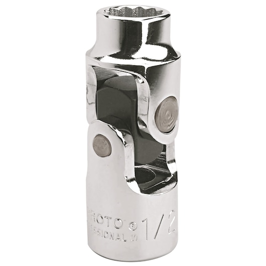 Photo of PROTO J5475A chrome universal joint socket adapter, half-inch drive, upright on white background.