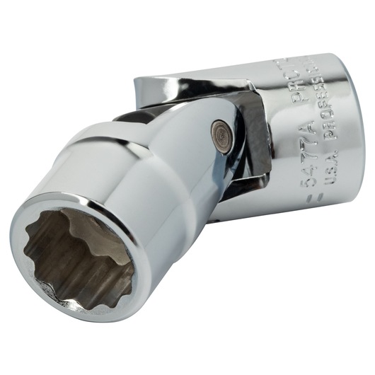 Photo of PROTO J5477A chrome universal joint socket, side angle on white background.