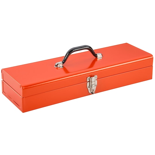 PROTO J5496-NA orange metal tool box with black handle and front latch, side angle photo.