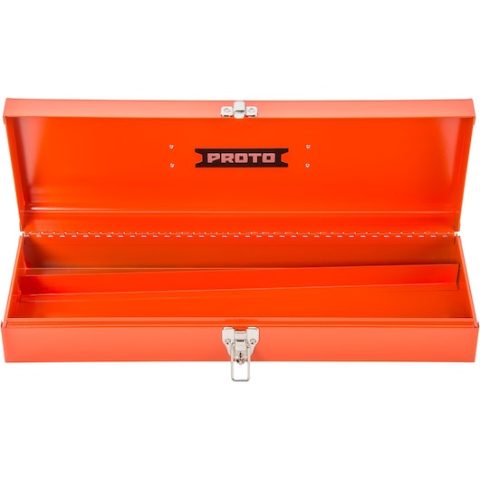 PROTO J5496-NA orange metal tool box with open lid and single latch, shown from front on white background.