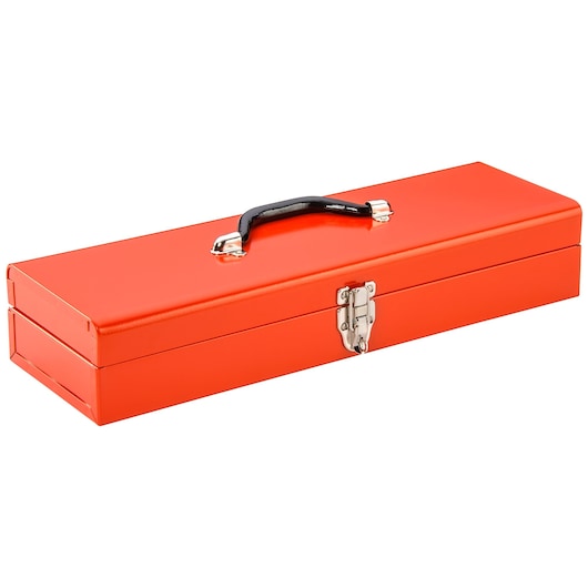 PROTO J5496-NA orange metal tool box with latch and black handle, angled on white background.