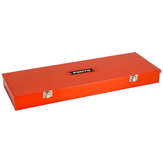 Photo of PROTO J5497R orange metal tool box with latches, top angle on white background.