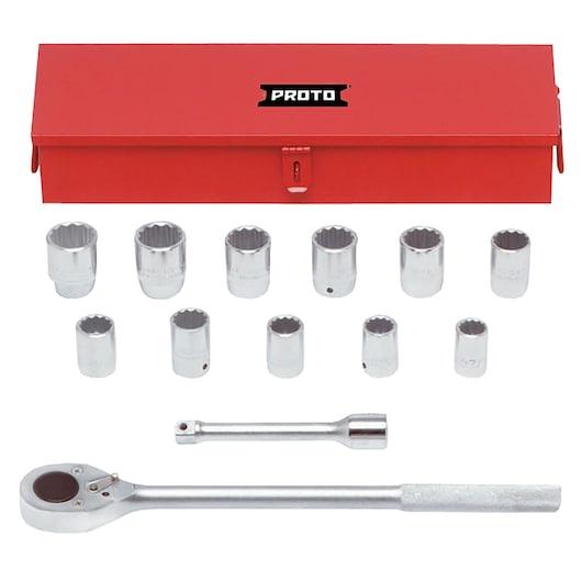 PROTO J55100 socket wrench set with ratchet, sockets, extension bar, red metal case, front angle.