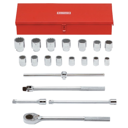 PROTO J55102 socket and ratchet set with 17 sockets, 5 drive tools, and red metal storage box, front angle.