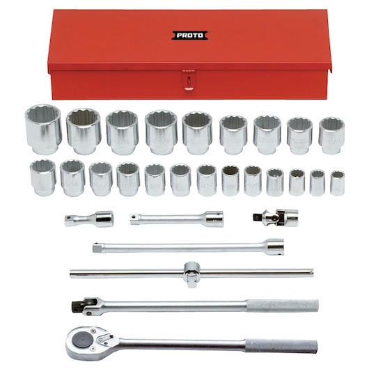 PROTO J55104 socket and ratchet tool set with red metal box, photographed from front on white background.