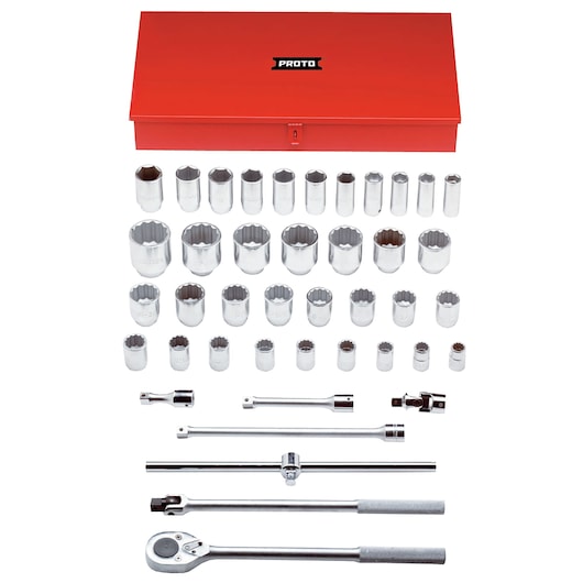 PROTO J55106 socket and ratchet set with chrome tools and red storage box, top-down angle.