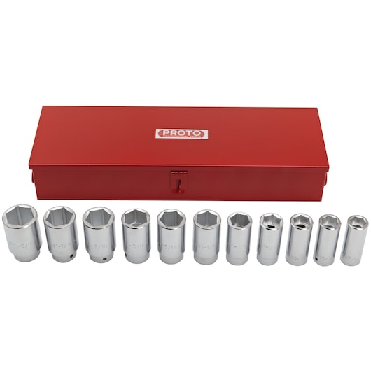 PROTO J55108 socket set with chrome sockets in various sizes and a red metal storage box, front angle.
