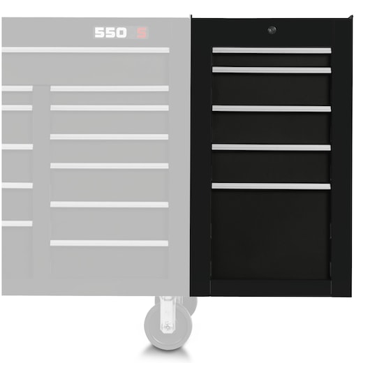 PROTO J551934-5BK-SC black tool chest with five drawers, front angle, white background.