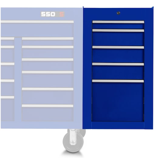 PROTO J551934-5BL-SC blue tool cabinet with six drawers, front angle on white background.