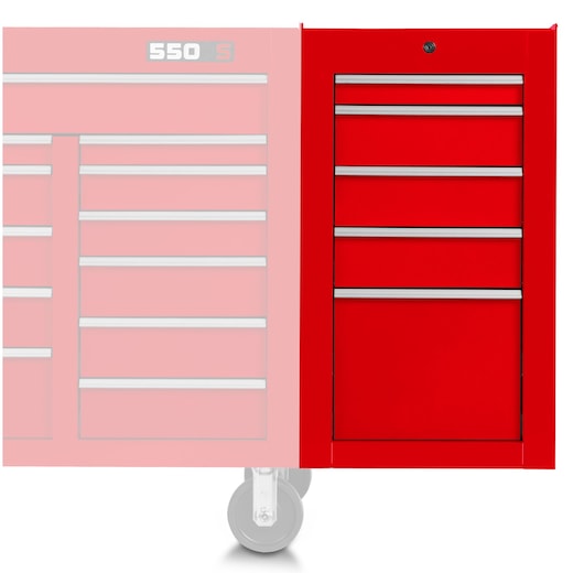 PROTO J551934-5RD-SC red steel tool cabinet with five drawers, front angle on white background.
