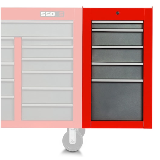 PROTO J551934-5SG-SC red tool storage cabinet with five black drawers, front view, white background.