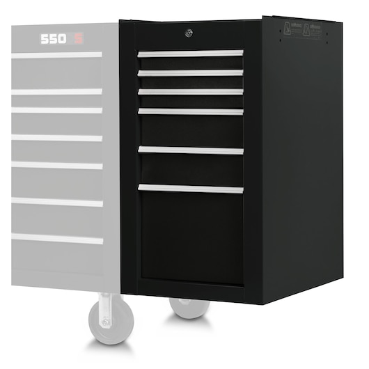 Photo of PROTO black tool cabinet with five drawers, angled front view, SKU J551934-6BK-SC.