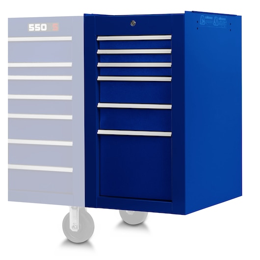 PROTO blue rolling tool cabinet with five drawers, SKU J551934-6BL-SC, front angle on white background.