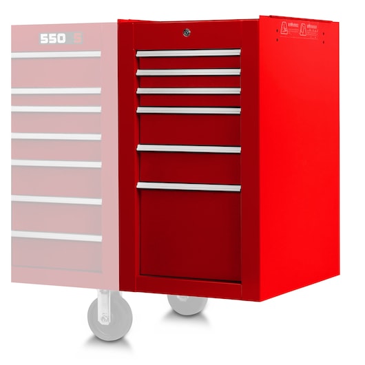 PROTO red tool cabinet J551934-6RD-SC with six drawers, photographed at an angle on white background.