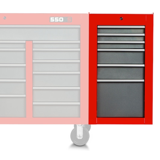 PROTO red tool storage cabinet with six black drawers, front angle, J551934-6SG-SC.