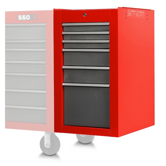 PROTO J551934-6SG-SC red rolling tool chest with six black drawers, side angle, white background.