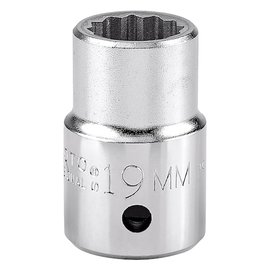 PROTO J5519M chrome 12-point 19mm socket, close-up product photo, white background.