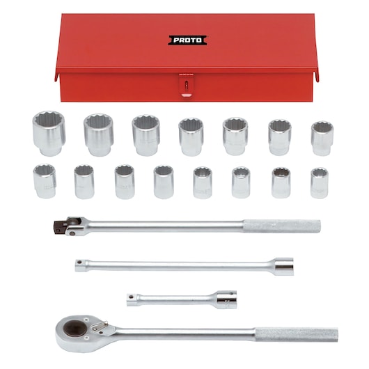 PROTO J55200 photography of socket wrench set with metal ratchets and sockets, red storage box, front angle.