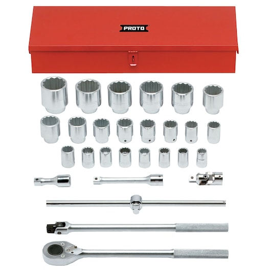 PROTO J55202 socket set with multiple chrome sockets, ratchet, and extension bars arranged below a red case, front view.