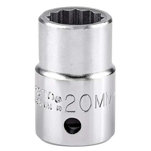 Photo of PROTO J5520M chrome 20mm socket, front angle on white background.