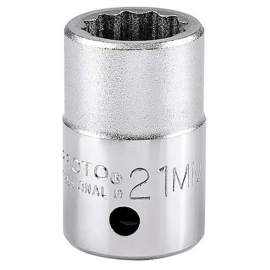 PROTO J5521M chrome 21mm socket, close-up on white background, shows 12-point opening and engraved size marking.
