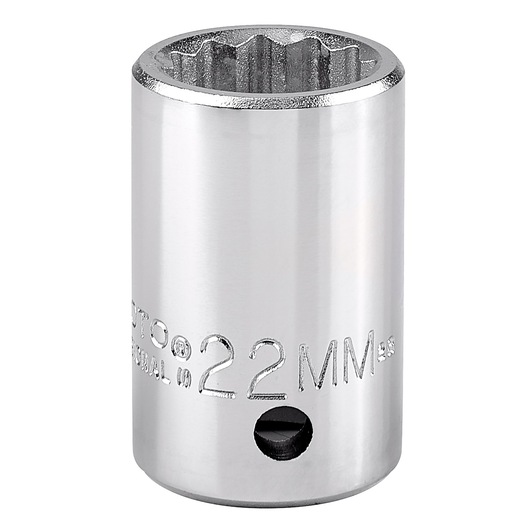 PROTO J5522M chrome 22MM socket, twelve-point, upright angle, on white background.
