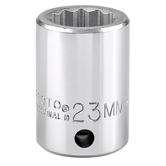 PROTO chrome 23mm socket, SKU J5523M, close-up front angle on white background.