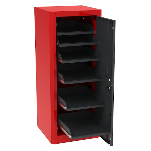 PROTO J552665B-6SG-LK red storage cabinet with open door, six black sliding shelves, front angle.