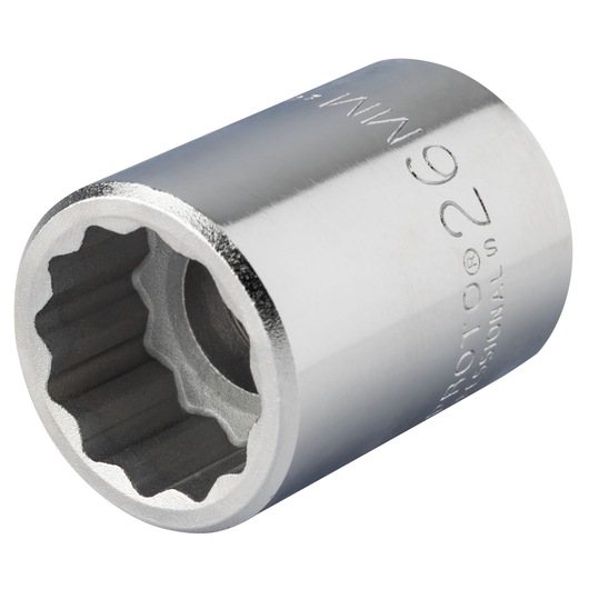 Photo of a PROTO J5526M chrome socket, 12-point design, angled on white background.