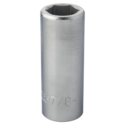 PROTO J5528HL chrome deep socket, 7/8 inch size, cylindrical design, studio angle on white background.