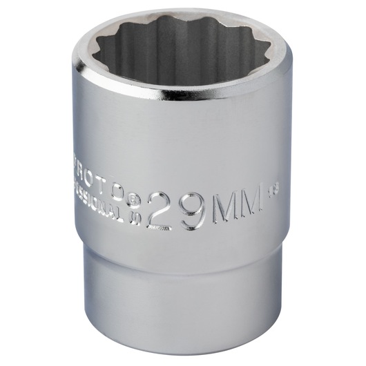 PROTO J5529M chrome 12-point 29mm socket, close-up angled on white background.