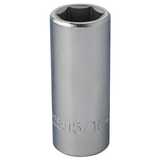 PROTO J5530HL chrome deep socket, 15/16 inch, vertical angle, tool photography.