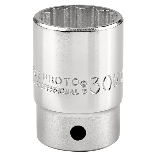PROTO J5530M chrome socket, 30mm, twelve-point, closeup on white background.