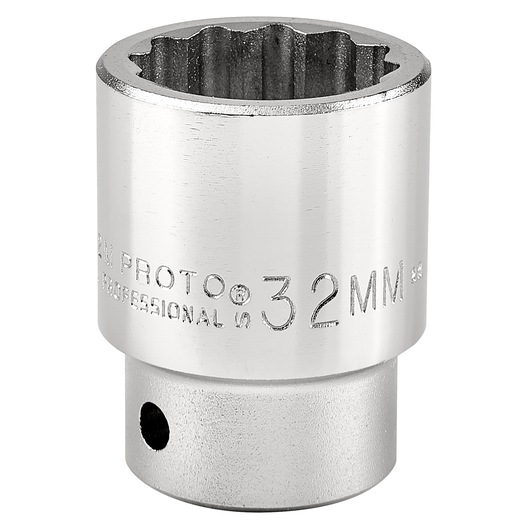 Photo of PROTO J5532M 32mm chrome socket, 12-point design, upright angle on white background.