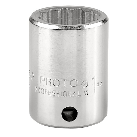 PROTO J5532 chrome socket, cylindrical shape, 12-point design, close-up on white background.